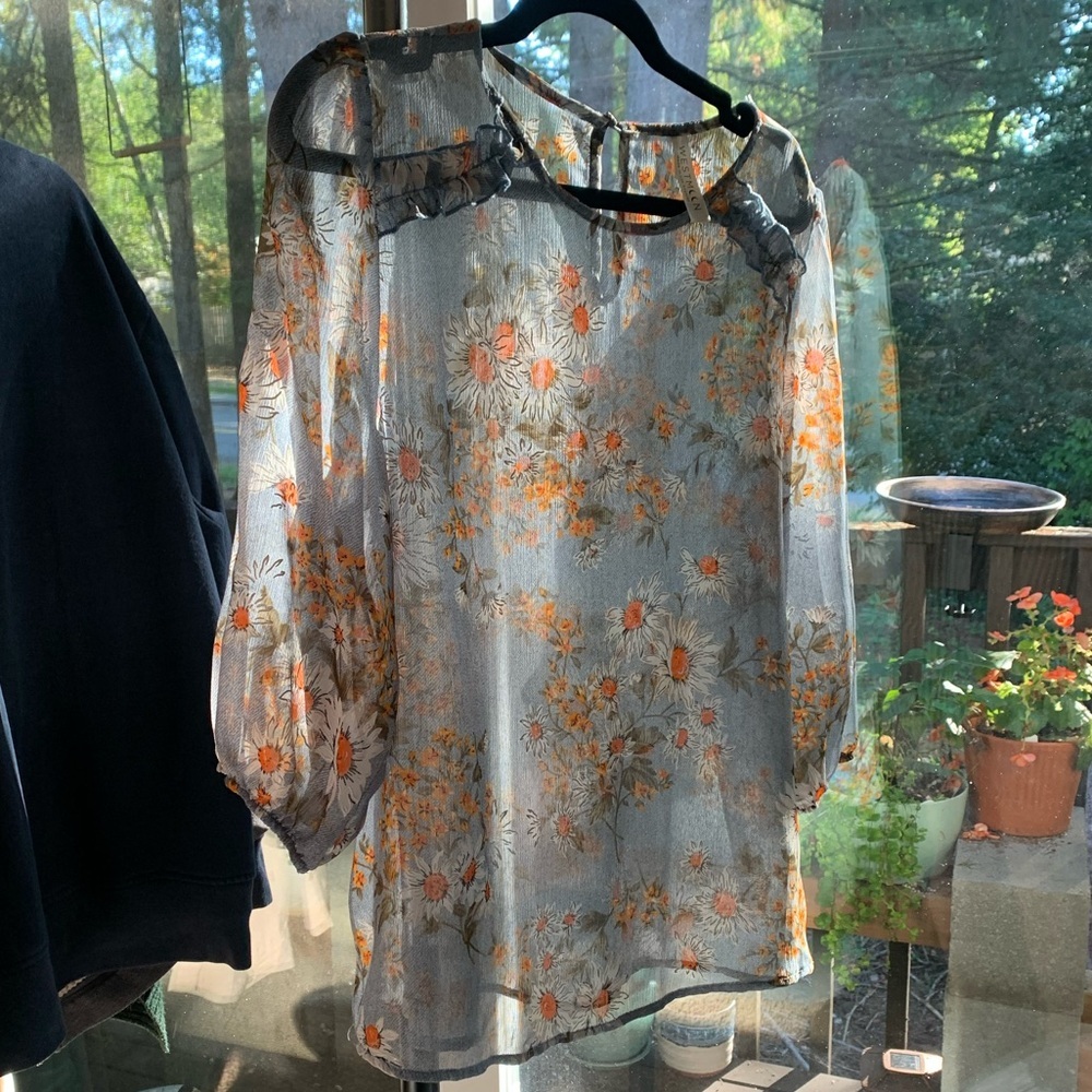 West Moon Floral Sheer Blouse with Orange and Gray Accents